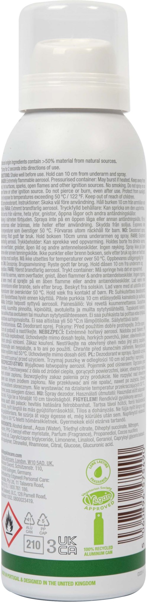 A white spray bottle with detailed text, symbols, and barcode, likely a personal care or cleaning product.