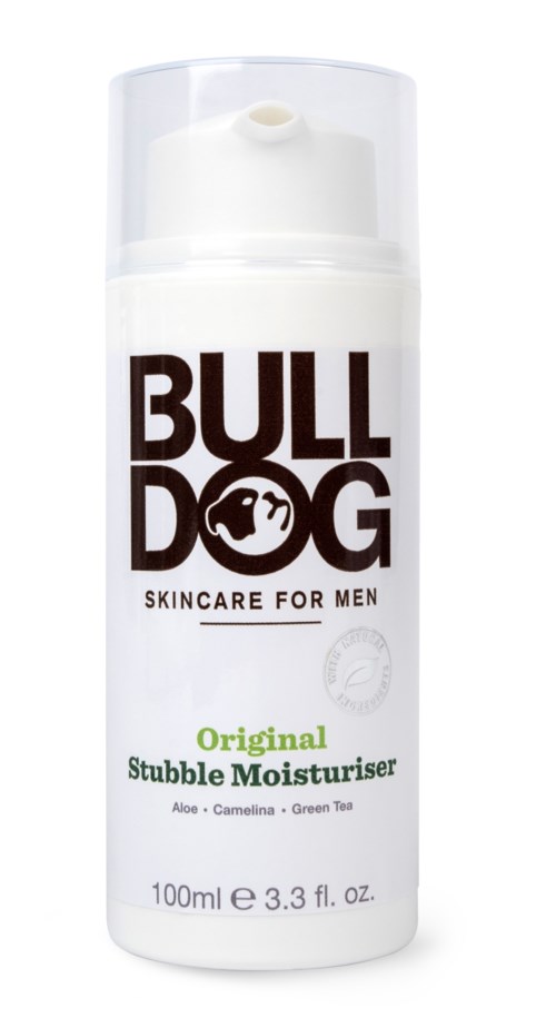 A white bottle with black and green text, labeled 'Bull Dog' and 'Original Stubble Moisturiser'.