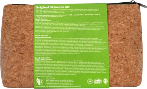 A cork mat with a green label describing a skincare kit and its three steps for cleansing, exfoliating, and moisturizing.
