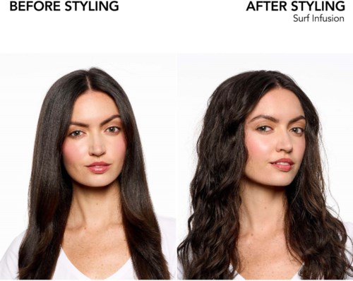 En kvinnas hår är rakt före styling och vågigt efter styling, märkt som 'Surf Infusion'.