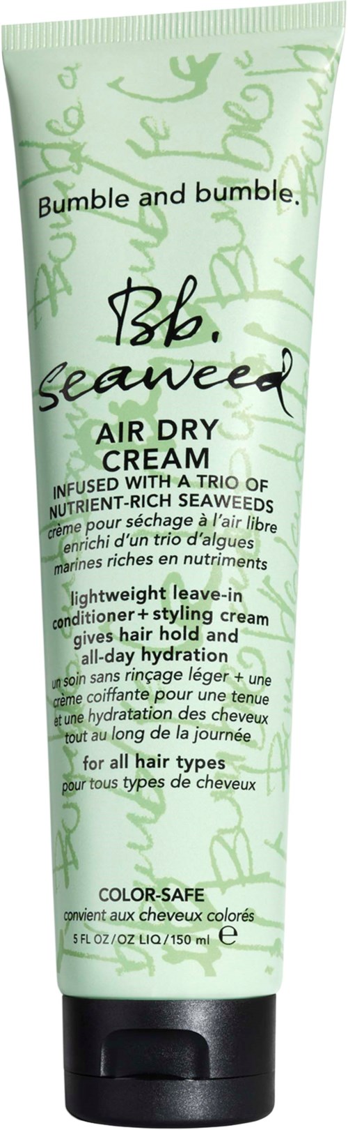 En grön tub med Bumble and Bumble Seaweed Air Dry Cream för alla hårtyper, infusionerad med näringsrik sjögräs.
