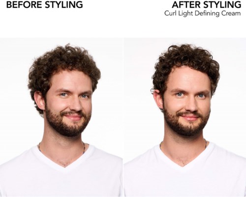 Image shows a before and after comparison of a man's hairstyle, with the after using a curling light defining cream.