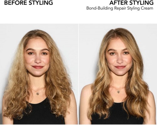 En jämförelse som visar en kvinnas hår före och efter styling, med jämnare, mer polerat hår efter styling.