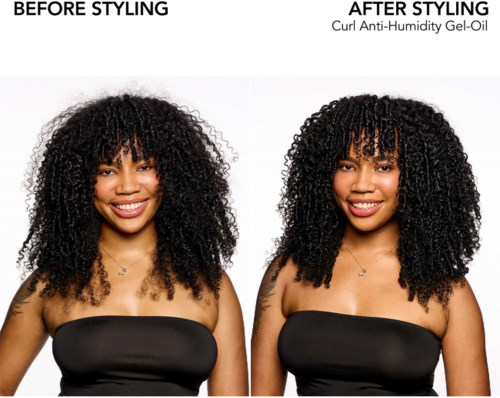 Comparison shows how curl anti-humidity gel-oil manages frizz, making hair more defined and shiny.