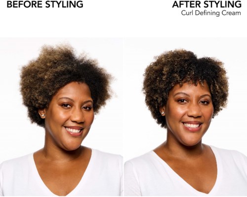 Sidobilder visar före och efter styling, med kvinnans hår som ser mer definierat och lättskött ut efter användning av lockkräm.