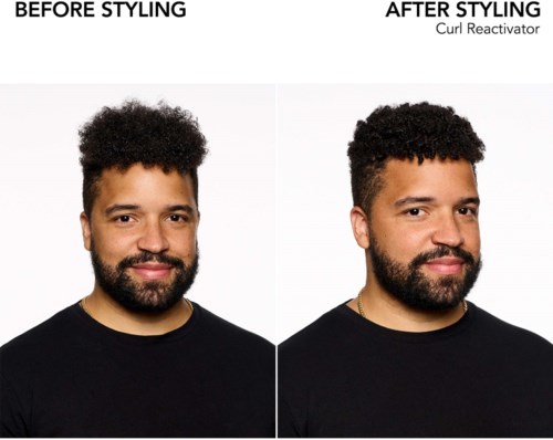 Side-by-side images show a man with curly hair before and after styling with Curl Reactivator.