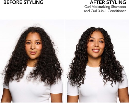 Innan och efter hårstyling, visar effekterna av ett curl-återfuktande schampo och balsam. Håret ser mer definierat och glansigt ut efter styling.