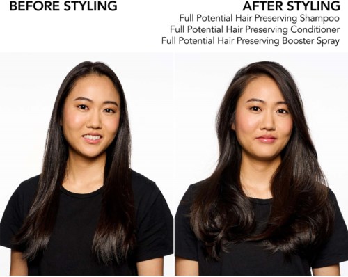 En kvinna med rakt hår före styling och därefter med voluminöst vågigt hår efter användning av hårprodukter.