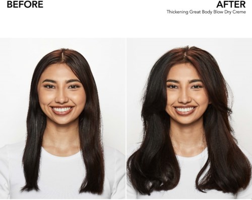 Bilder side om side viser hår før og etter en fyllig blow-dry, med tykkere hår i den andre.