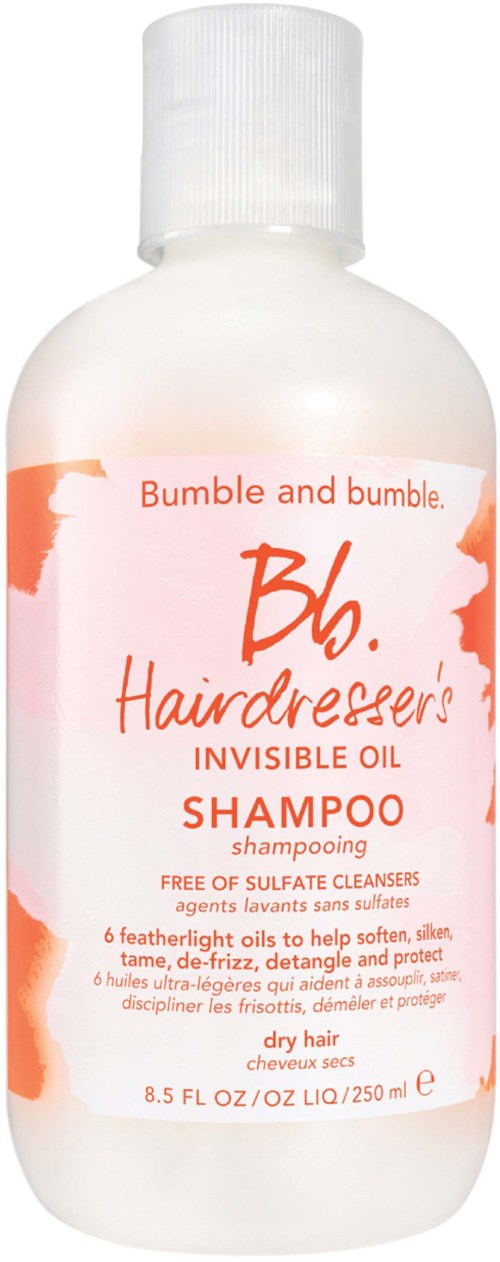 En vit flaska med en etikett som säger Bumble and Bumble Hairdresser's Invisible Oil Shampoo, för torrt hår, 8,5 fl oz.