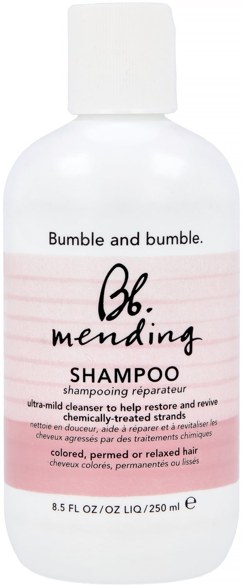 En vit schampoflaska med etikett 'Bumble and Bumble. Be.Mending' med rosa design, innehåller 8,5 fl oz av produkt.