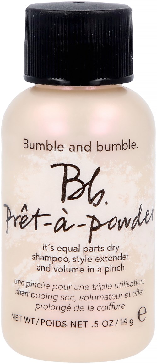 Bumble and bumble Blondish suchy szampon do stylizacji włosów i objętości. Mała butelka, beżowy kolor, czarna nakrętka.