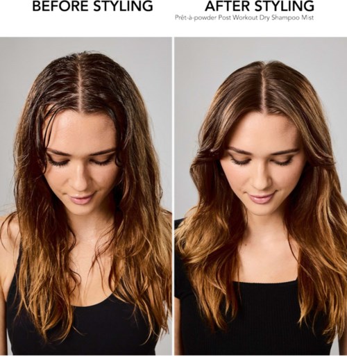 Side-by-side comparison of hair before and after styling, showing smoother, shinier, and more controlled hair post-styling.