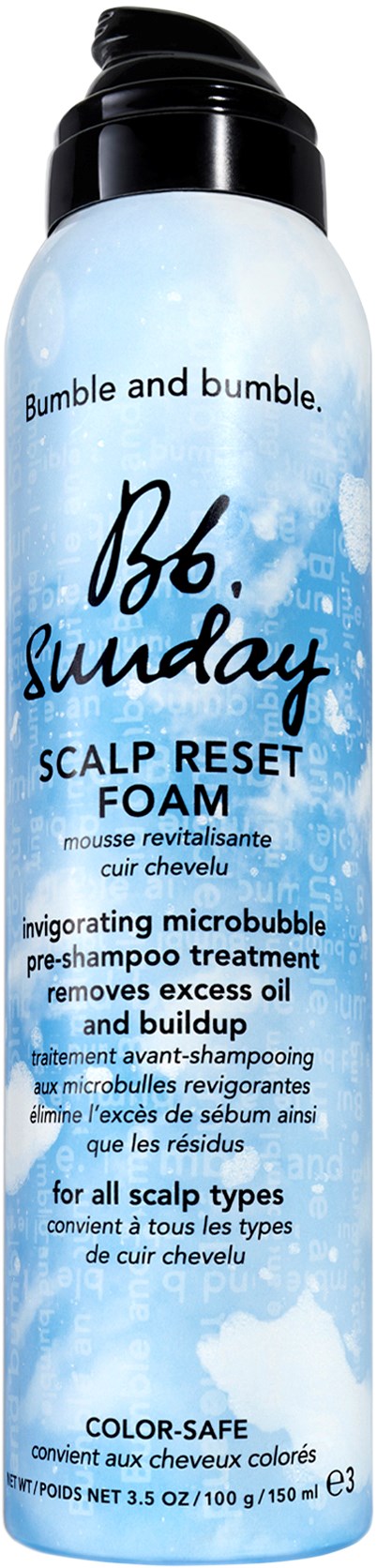 En flaske med Bumble and bumble scalp reset foam med blå sky-design og sort låg.