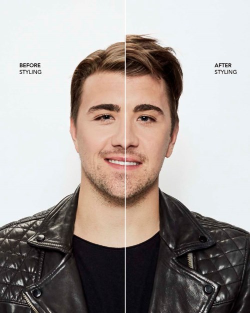 En man med stylerat hår, ena sidan före styling och andra efter styling, iklädd skinnjacka.