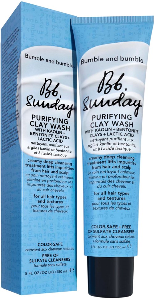 A tube and box of Bumble and Bumble Purifying Clay Wash for hair cleansing, suitable for all hair types, with gentle ingredients.