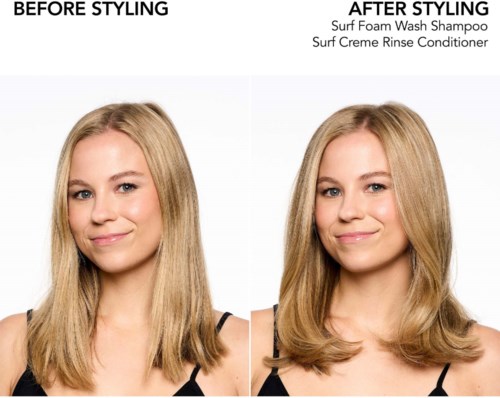 Sider ved side-bilder viser hår før og etter bruk av surf-shampoo og balsam, med glattere, blankere hår etter styling.