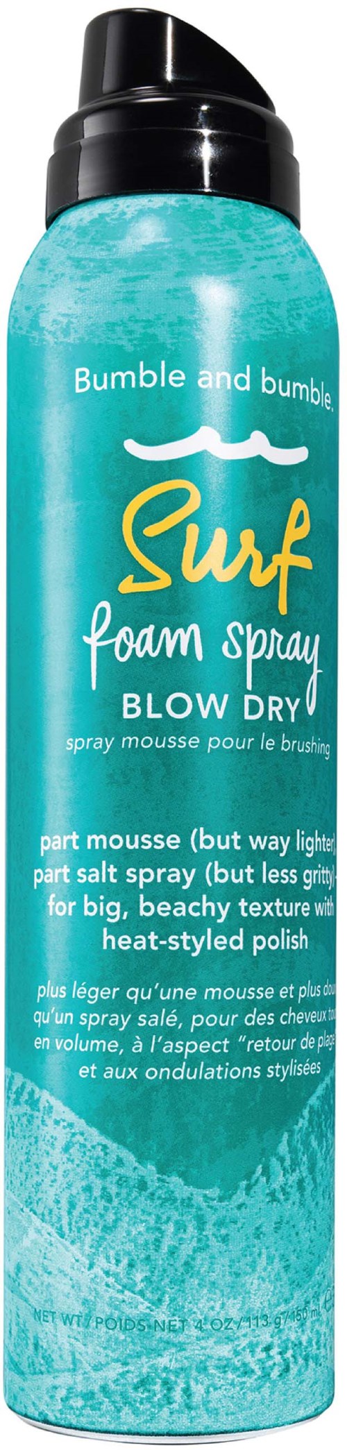 En lång, blå burk av Bumble and Bumble surf foam spray för torrt hår, med svart lock.