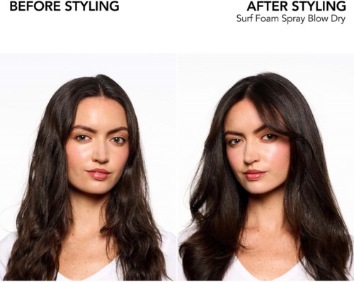 Sida vid sida jämförelse av hår före och efter styling, visar slätare, glänsande och mer voluminöst hår efter behandlingen.