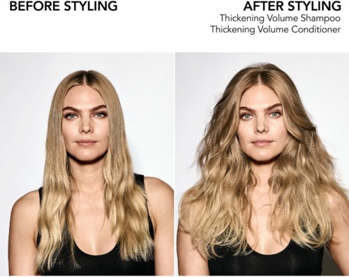 Före och efter styling av hår med tjockare volym schampo och balsam. Håret ser fylligare och mer voluminöst ut efter stajlingen.