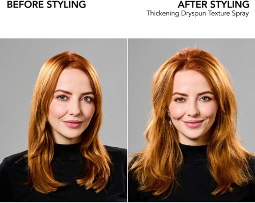 Bildet visar en kvinnas hår före och efter att ha använt ett förtjockande spray. Håret ser fylligare och bättre ut efter styling.
