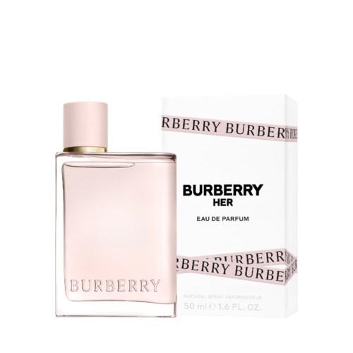 En Burberry-parfymflaska märkt 'HER' med en rosa och vit ask i bakgrunden.
