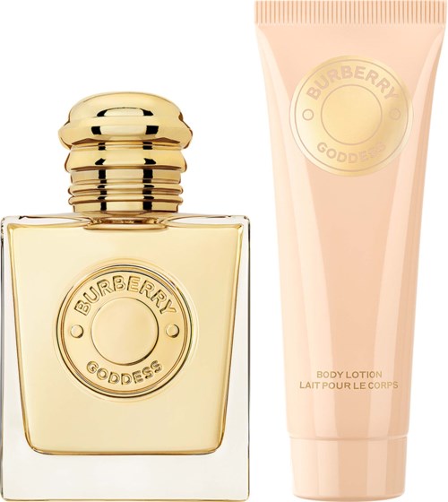 En Burberry Goddess parfyllning med guldkork och en rosa kroppslotionrör med gulddetaljer.
