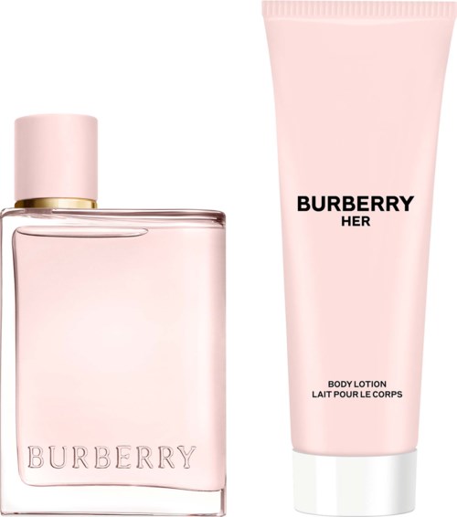 Butelka perfum Burberry Her i różowym kolorze i tubka lotiony do ciała w różowym odcieniu.