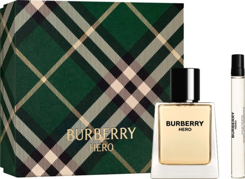 Butelka perfum Burberry Hero i opakowanie w zielony wzór kraty z napisem "BURBERRY HERO".
