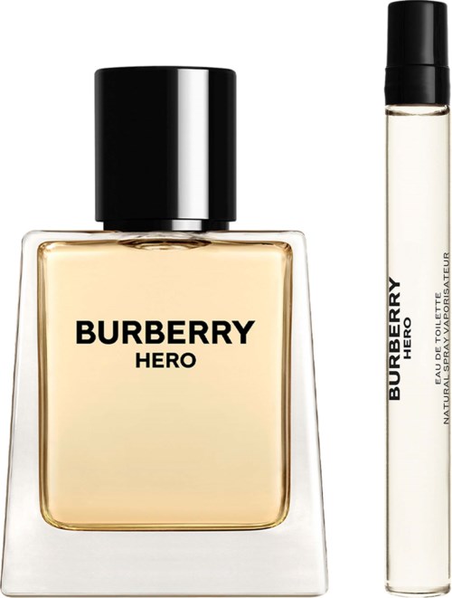 butelka perfumu Burberry Hero z czarnym kapselkiem i cienka, przezroczysta buteleczka obok.