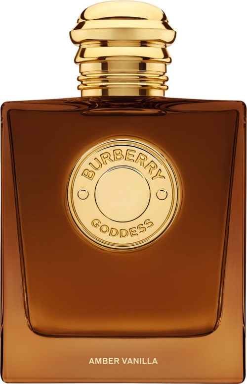 Forsiden af Burberry Goddess Amber Vanilla parfymeflaske med guldhætter og ravfarvet glas.