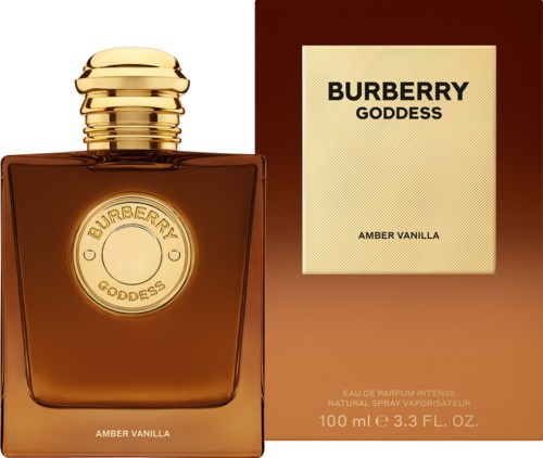 Burberry Goddess Amber Vanilla parfymflaske og æske med guldkapsel og brunt emballage.