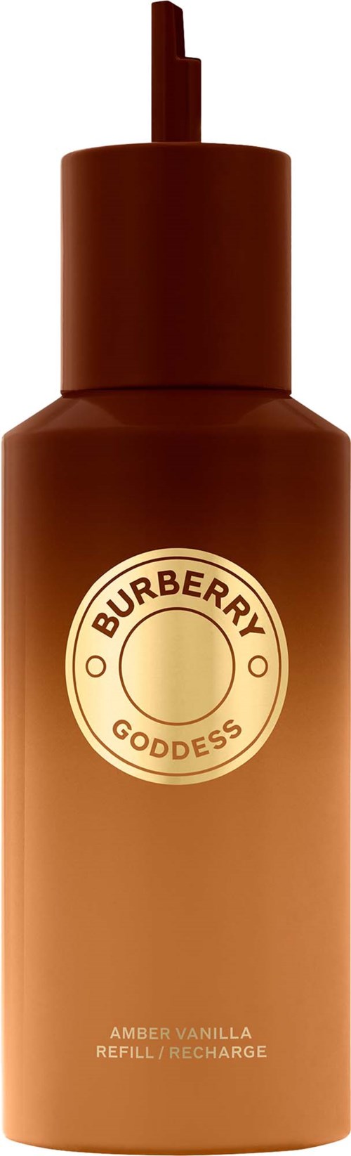 En brun flaske med pumpe mærket Burberry Goddess Amber Vanilla Refill. Den har en rund logo og produktnavn.