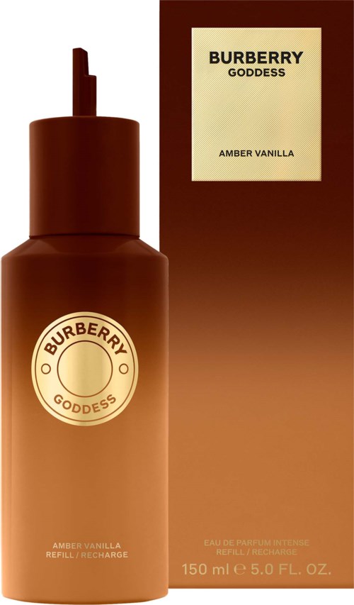 Burberry Goddess Amber Vanilla parfympåfyldning ved siden af boksen, brun flaske med etikett og spraytop.
