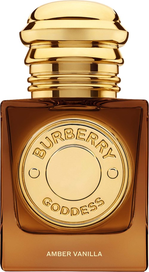 Amber Vanilla parfume i en brun glasflaske med guldhætter og Burberry Goddess label.