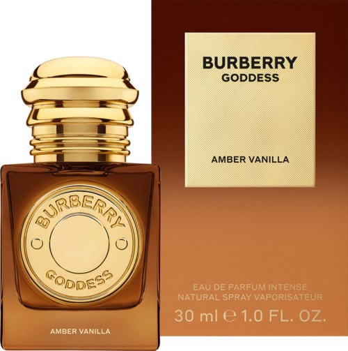 Flaske med Burberry Goddess Amber Vanilla-parfume med guldkapsel og matchende æske.