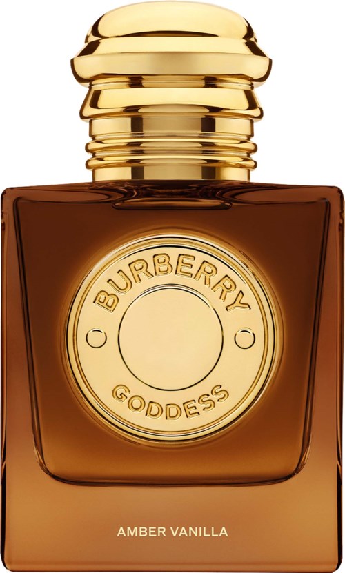 En Burberry Goddess Amber Vanilla parfobeholder med kvadratisk form, guldlåg og duftmærke.