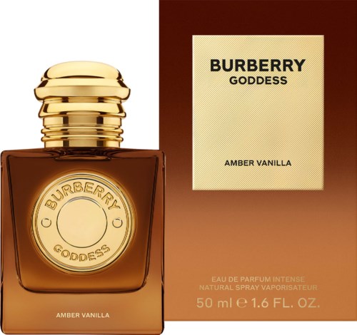 Burberry Goddess Amber Vanilla parfymflaske og emballage med produktnavn og duft.