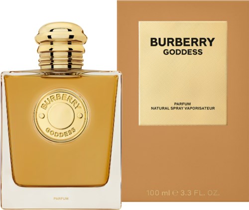 En gyllene parfymflaska bredvid en beige låda med svart text som säger 'BURBERRY GODDESS'.