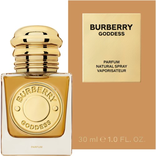 Burberry Goddess parfymflaska och förpackning i beige och guld.