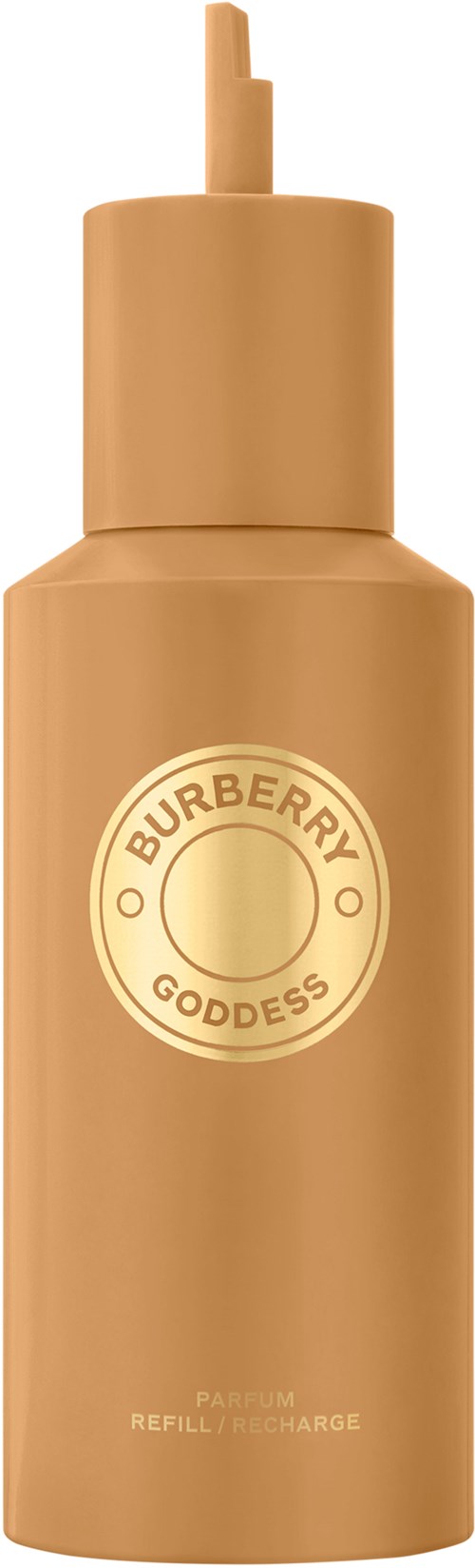 En beige flaska med pump och en logga som säger "Burberry Goddess."