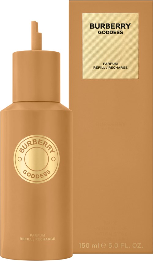 En beige flaska och förpackning, märkta Burberry Goddess parfym refill, 150 ml.