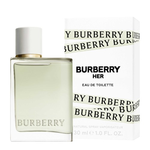 Hajuvesipullo, jossa on valkoinen korkki, ja sen vieressä laatikko, jossa lukee 'BURBERRY HER'.