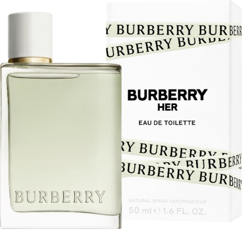 Burberry-hajuvesipullo ja valkoinen laatikko, molemmissa on musta Burberry-logo.