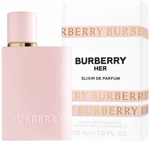 Vaaleanpunainen hajuvesipullo ja Burberry Her Elixir de Parfum -rasia, 30 ml.