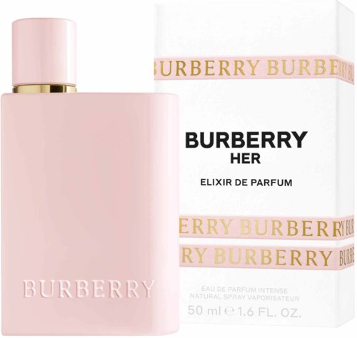Vaaleanpunainen hajuvesipullo ja valkoinen laatikko, jossa on kultaisia ja mustia kirjaimia, Burberry Her hajuvesi.