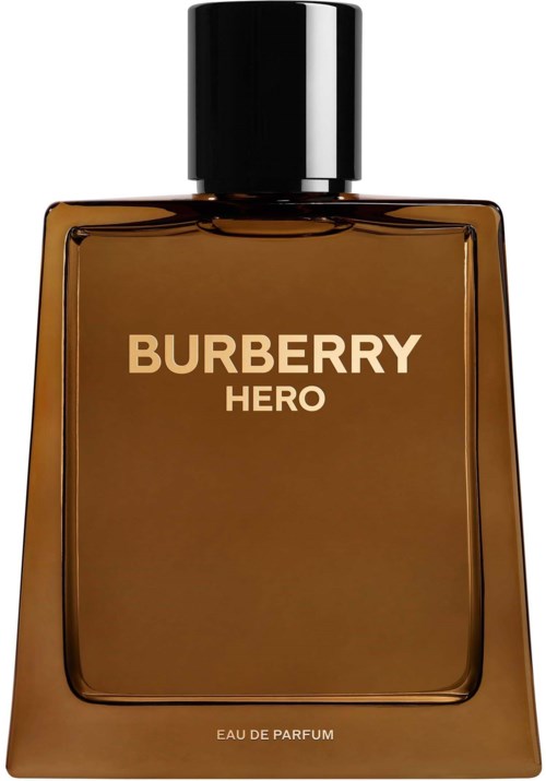 En brun parfymflaske mærket Burberry Hero med sort låg.
