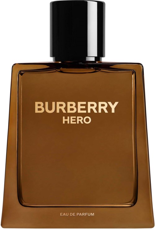 A brown perfume bottle with a black cap, labeled Burberry Hero, sunken design with gold letters.