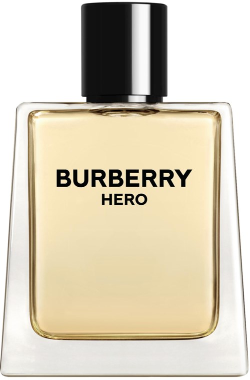 Ein Parfümflasche mit quadratischer Form, durchsichtiges Glas, schwarzer Deckel, mit 'BURBERRY HERO' etiketti.