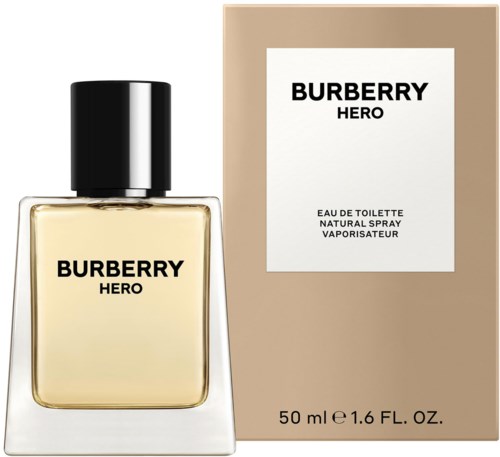 En parfyllare och box märkt 'Burberry Hero,' beige och svart design, 50 ml storlek.